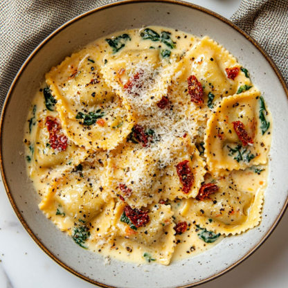 Ravioli de Salmón y Ricotta con Salsa Cremosa de Tomates Deshidratados y Hierbas
