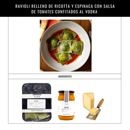 Ravioli Relleno de Ricotta y Espinaca con Salsa de Tomates Confitados al Vodka